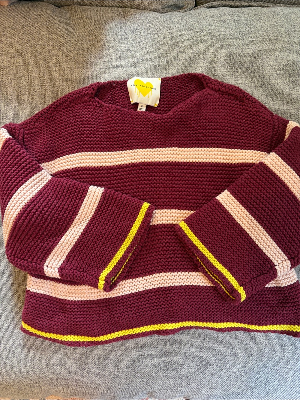 Kensie Burgundy Striped Crewneck Sweater with Pink and Yellow Trim